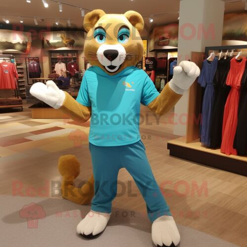 Personnage De Costume De Mascotte Redbrokoly De Lion De Montagne Turquoise Habillé D'un Tee-Shirt Polo Et De Coussinets Pour Les Pieds