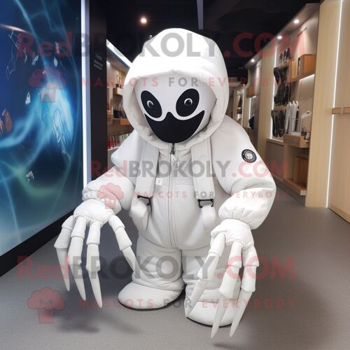 Mascotte Redbrokoly De Personnage D'araignée Blanche Habillée D'une Parka Et De Casquettes