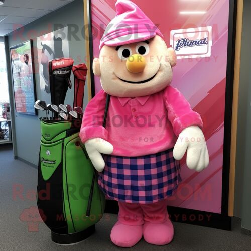 Personnage De Costume De Mascotte Redbrokoly De Sac De Golf Rose Habillé D'une Chemise En Flanelle Et De Ceintures De Smoking