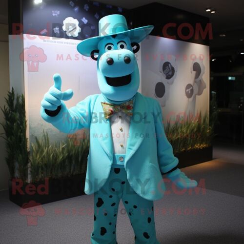 Personnage De Costume De Mascotte Redbrokoly De Vache Jersey Turquoise Habillé D'une Veste De Costume Et D'épingles À Chapeau