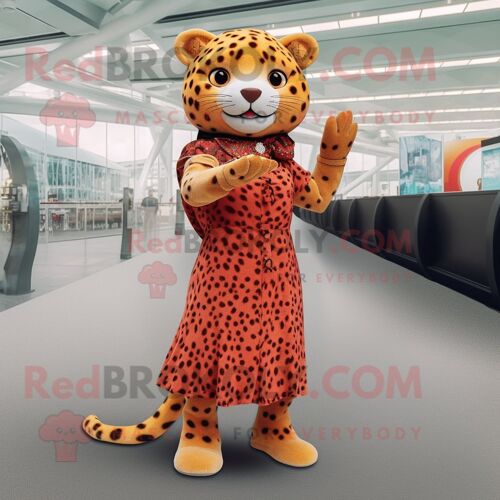 Personnage De Costume De Mascotte Redbrokoly De Léopard De Rouille Habillé D'une Robe Trapèze Et De Lacets De Chaussures
