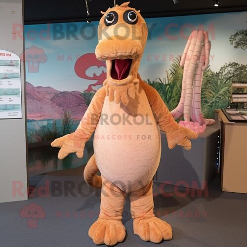 Personnage De Costume De Mascotte Redbrokoly De Monstre De Peach Loch Ness Habillé Avec Un Pantalon En Velours Côtelé Et Des Épingles À Che