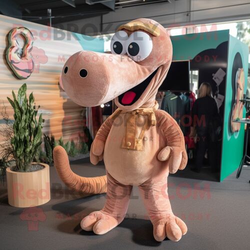 Personnage De Costume De Mascotte Redbrokoly De Monstre De Peach Loch Ness Habillé Avec Un Pantalon En Velours Côtelé Et Des Épingles À Che