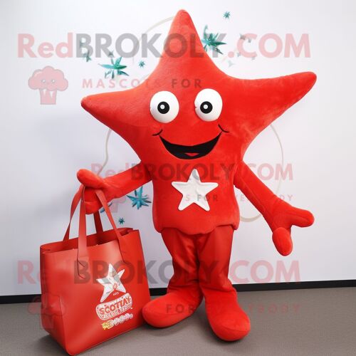 Personnage De Costume De Mascotte Redbrokoly D'étoile De Mer Rouge Habillé D'une Veste Et De Sacs Fourre-Tout