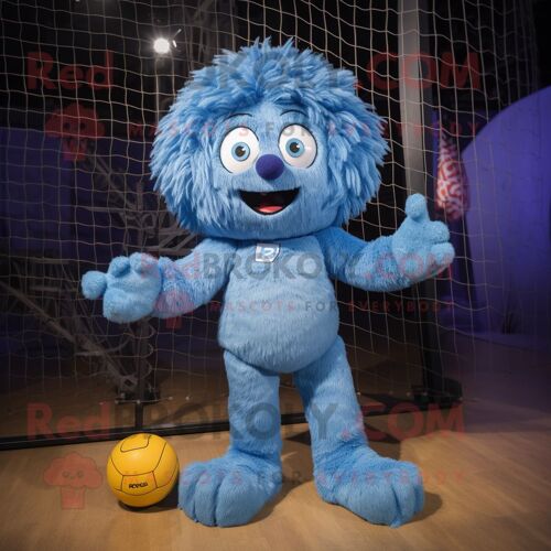 Personnage De Costume De Mascotte Redbrokoly De Filet De Volley-Ball Bleu Habillé D'une Barboteuse Et De Coussinets De Pied