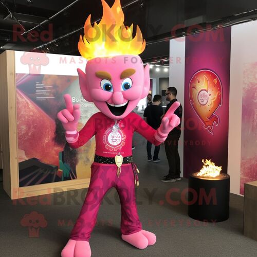 Personnage De Costume De Mascotte Redbrokoly De Cracheur De Feu Rose Habillé D'un T-Shirt Graphique Et De Bracelets