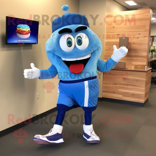 Personnage De Costume De Mascotte Redbrokoly Blue Burgers Habillé D'un Jogging Et De Pinces À Chaussures