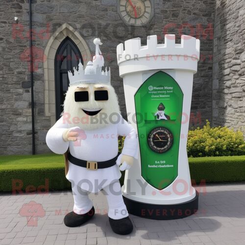 Personnage De Costume De Mascotte Redbrokoly De Château Irlandais Blanc Habillé Avec Une Robe Fourreau Et Des Montres Numériques