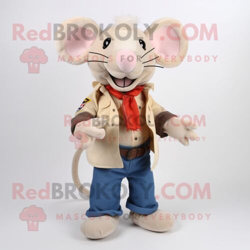 Mascotte Redbrokoly De Personnage De Rat Beige Habillé D'un Jean Flare Et D'une Écharpe À Pinces