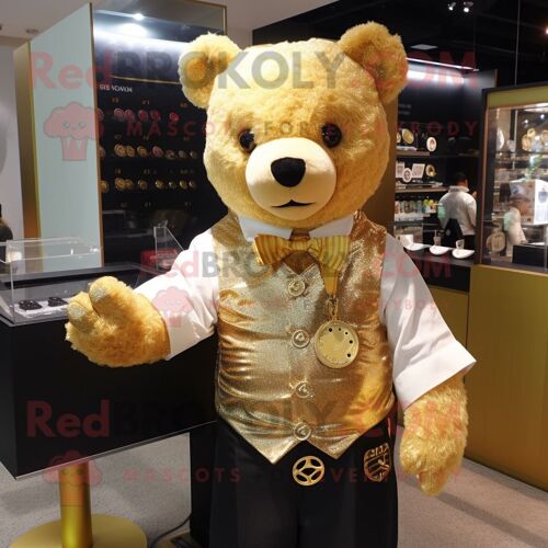 Personnage De Costume De Mascotte Redbrokoly D'ours D'or Habillé D'une Chemise Oxford Et De Porte-Clés