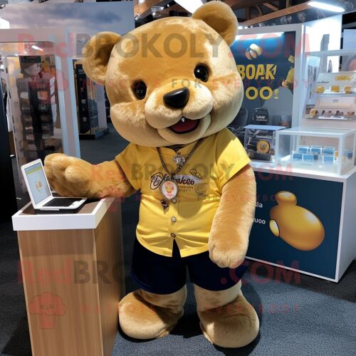 Personnage De Costume De Mascotte Redbrokoly D'ours D'or Habillé D'une Chemise Oxford Et De Porte-Clés
