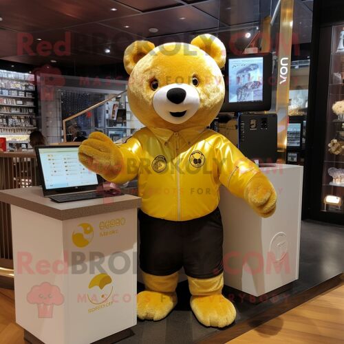 Personnage De Costume De Mascotte Redbrokoly D'ours D'or Habillé D'une Chemise Oxford Et De Porte-Clés