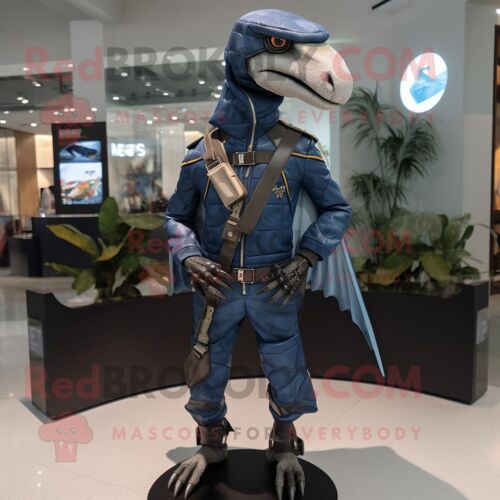 Personnage De Costume De Mascotte Redbrokoly Dimorphodon Bleu Marine Habillé D'une Veste En Cuir Et De Pochettes