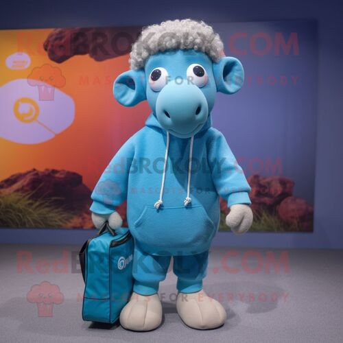 Personnage De Costume De Mascotte Redbrokoly De Mouton Mérinos Bleu Ciel Habillé D'un Sweat-Shirt Et De Sacs Fourre-Tout