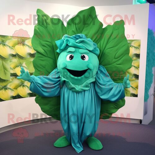 Personnage De Costume De Mascotte Redbrokoly De Feuille De Chou Sarcelle Habillé Avec Une Couverture Et Des Gants