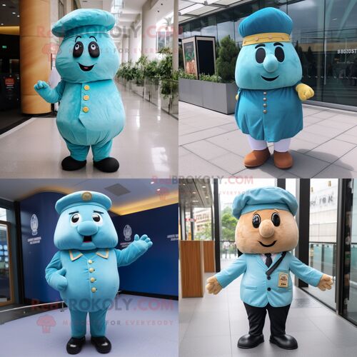 Personnage De Costume De Mascotte Redbrokoly De Pomme De Terre Cyan Habillé D'un Pantalon De Costume Et De Bérets