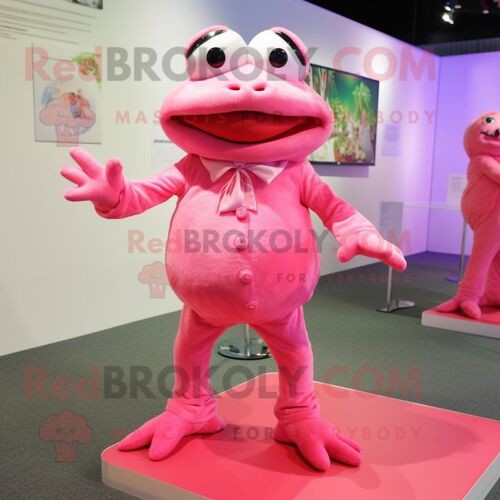 Costume De Mascotte Redbrokoly De Grenouille Rose Habillé D'une Mini Robe Et De Boutons De Manchette
