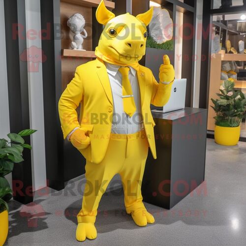 Personnage De Costume De Mascotte Redbrokoly De Rhinocéros Jaune Citron Habillé D'un Pantalon De Costume Et De Portefeuilles