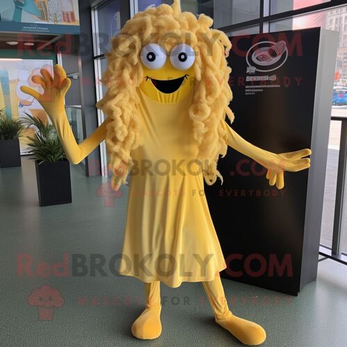 Personnage De Costume De Mascotte Redbrokoly De Calamars Frits Dorés Habillé D'une Robe Midi Et De Coussinets Pour Les Pieds