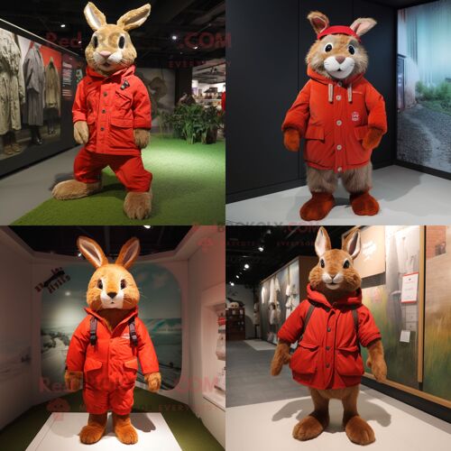 Personnage De Costume De Mascotte Redbrokoly De Lapin Sauvage Rouge Habillé Avec Parka Et Lacets