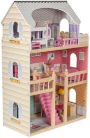 Mamabrum Grande Maison De Poupées En Bois, Éclairage Led 60x30x90 Cm - 3 Étages Terrasse & Accessoires - Ce En71 - Peinture Ecologique Couleurs Pastel
