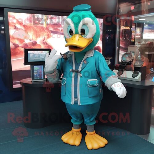 Personnage De Costume De Mascotte Redbrokoly De Canard Bleu Sarcelle Habillé Avec Des Montres Romper Et Bracelet