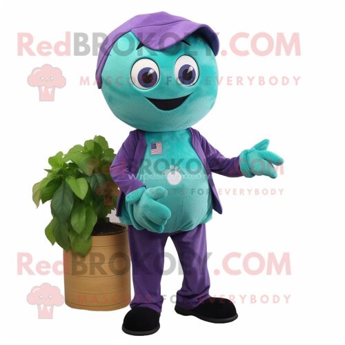 Personnage De Costume De Mascotte Redbrokoly De Raisin Bleu Sarcelle Habillé Avec Débardeur Et Lacets De Chaussure