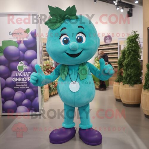 Personnage De Costume De Mascotte Redbrokoly De Raisin Bleu Sarcelle Habillé Avec Débardeur Et Lacets De Chaussure