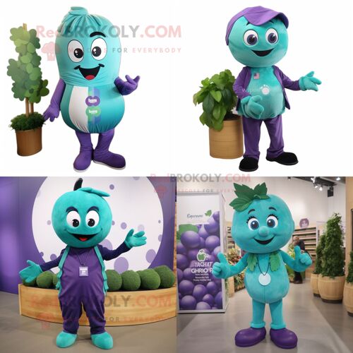 Personnage De Costume De Mascotte Redbrokoly De Raisin Bleu Sarcelle Habillé Avec Débardeur Et Lacets De Chaussure