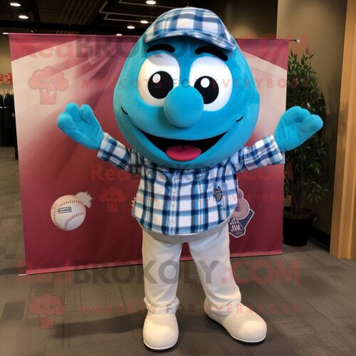 Personnage De Costume De Mascotte Redbrokoly De Balle De Baseball Cyan Habillé D'une Chemise En Flanelle Et D'écharpes