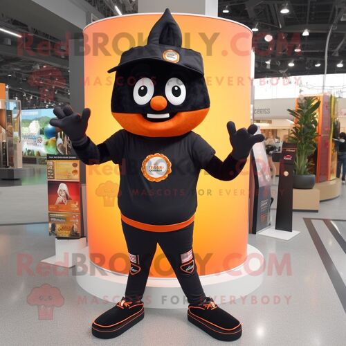 Mascotte Redbrokoly De Personnage Noir Orange Habillé D'un Jean Flare Et De Bracelets De Cheville