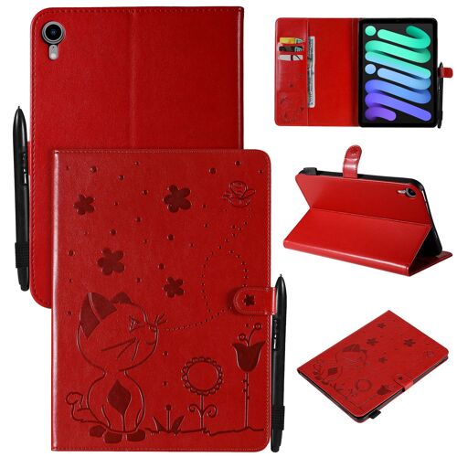 Étui Pour Ipad Mini 6 Pu Cuir Poche Cas Flip Coque Protection Housse Stand Case Papillon Chat Et Abeille,Rouge