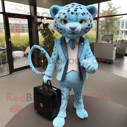 Personnage De Costume De Mascotte Redbrokoly Jaguar Bleu Ciel Habillé D'un Blazer Et De Sacs À Main
