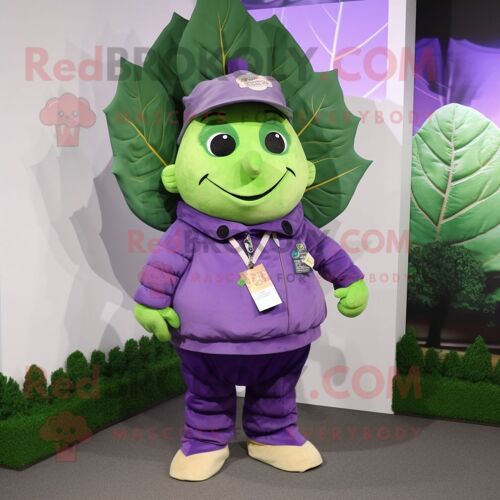 Personnage De Costume De Mascotte Redbrokoly De Feuille De Chou Lavande Habillé D'une Salopette Et De Colliers