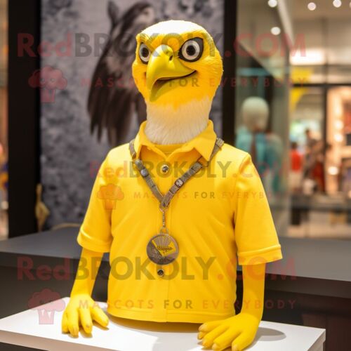 Personnage De Costume De Mascotte Redbrokoly Lemon Yellow Hawk Vêtu D'une Chemise Oxford Et De Colliers
