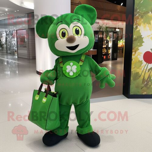 Personnage De Costume De Mascotte Redbrokoly De Trèfle À Quatre Feuilles D'olive Habillé D'une Salopette Et De Sacs Fourre-Tout