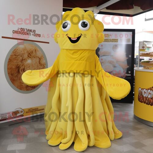Personnage De Costume De Mascotte Redbrokoly De Calamars Frits Dorés Habillé D'une Robe Midi Et De Coussinets Pour Les Pieds