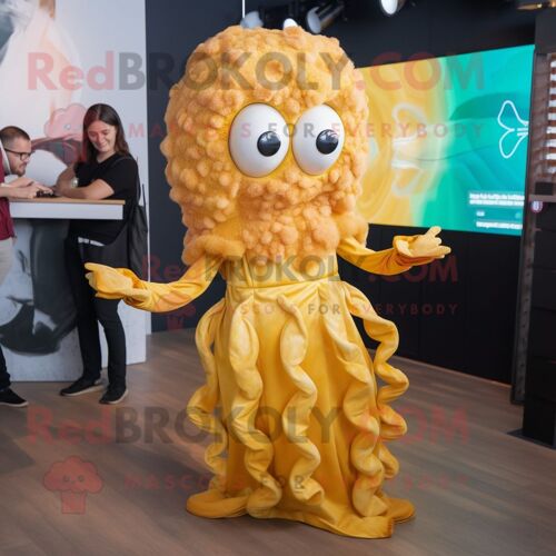 Personnage De Costume De Mascotte Redbrokoly De Calamars Frits Dorés Habillé D'une Robe Midi Et De Coussinets Pour Les Pieds