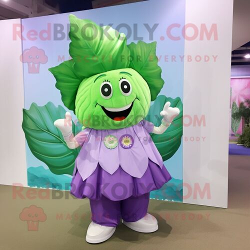Personnage De Costume De Mascotte Redbrokoly De Feuille De Chou Lavande Habillé D'une Salopette Et De Colliers