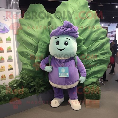 Personnage De Costume De Mascotte Redbrokoly De Feuille De Chou Lavande Habillé D'une Salopette Et De Colliers
