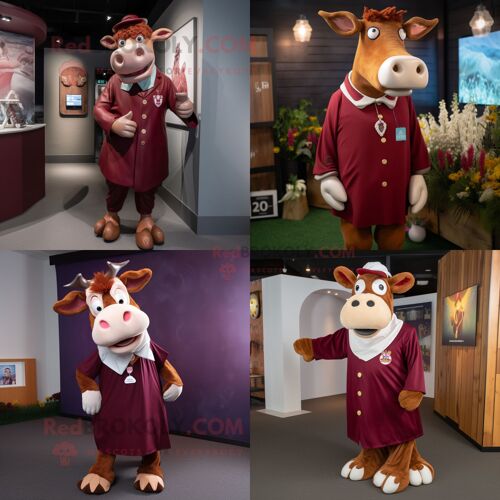 Personnage De Costume De Mascotte Redbrokoly De Vache De Guernesey Marron Vêtu D'une Culotte Et D'épinglettes