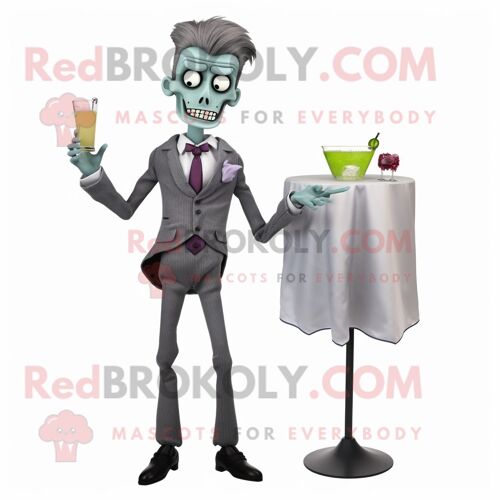 Mascotte Redbrokoly De Personnage De Zombie Gris Habillé D'une Robe De Cocktail Et De Pochettes