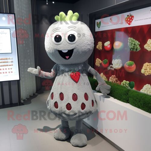 Personnage De Costume De Mascotte Redbrokoly De Fraise Grise Habillé D'une Robe Taille Empire Et De Bracelets De Cheville