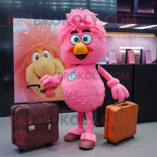 Personnage De Costume De Mascotte Redbrokoly De Poulet Au Beurre Rose Habillé D'un Jean Évasé Et De Mallettes