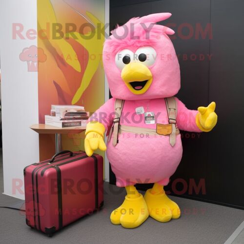 Personnage De Costume De Mascotte Redbrokoly De Poulet Au Beurre Rose Habillé D'un Jean Évasé Et De Mallettes