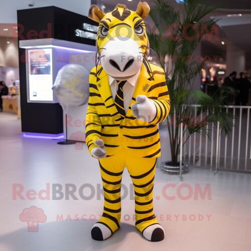 Personnage De Costume De Mascotte Redbrokoly De Zèbre Jaune Habillé D'un Costume Et De Bracelets De Cheville