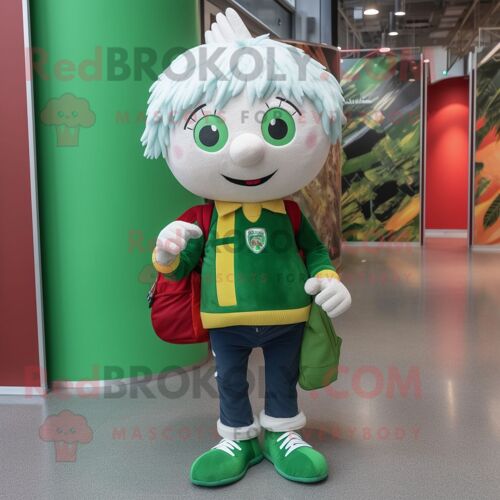 Personnage De Costume De Mascotte Redbrokoly De Drapeau Irlandais Vert Forêt Habillé Avec Un Jean Skinny Et Des Sacs À Dos