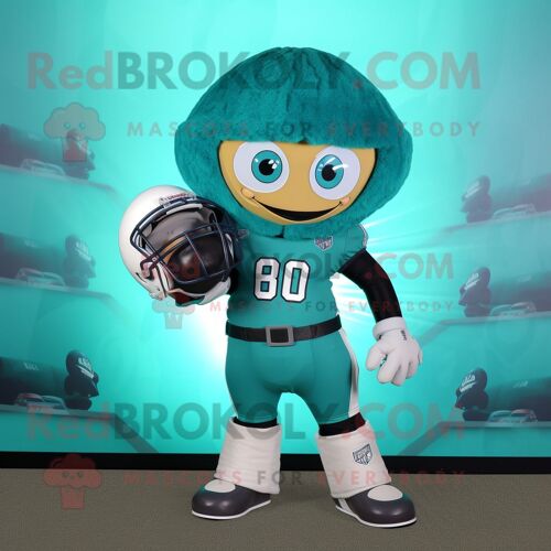 Personnage De Costume De Mascotte Redbrokoly De Casque De Football Américain Bleu Sarcelle Habillé D'une Barboteuse Et De Pinces À Cheveux