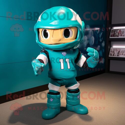 Personnage De Costume De Mascotte Redbrokoly De Casque De Football Américain Bleu Sarcelle Habillé D'une Barboteuse Et De Pinces À Cheveux