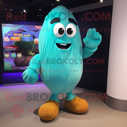 Personnage De Costume De Mascotte Redbrokoly De Pomme De Terre Turquoise Habillé D'un Pantalon Et De Coussinets Pour Les Pieds